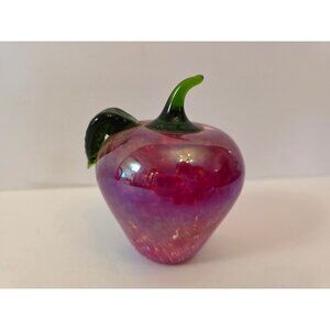 Glass Eye Studio Iridescent Glass Apple Paperweight With Green Stem & Leaf